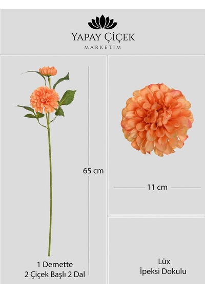 Turuncu Yapay Dahlia Yıldız Çiçeği 2 Dallı Lüx İpeksi Dokulu 65 Cm
