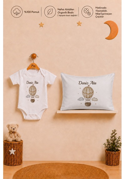 Pia Baby İsme Özel Erkek Bebek Hediyesi %100 Pamuk Organik Baskılı Body Yastık Kılıfı Ve Ham Bez Kıyafet Kesesi 1041byk0x Ekru
