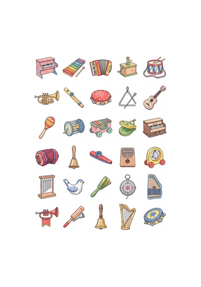30 Adet Vintage Oyuncak Müzik Aletleri Sticker Seti - Laptop, Defter, Ajanda Çok Renkli