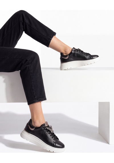 Luvi Shoes Jenny Siyah Cilt Hakiki Deri Kelebek Tokalı Kadın Günlük Spor Ayakkabı