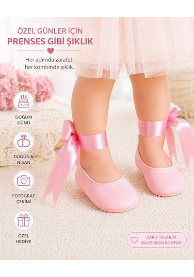 Baby Shez Kız Bebek Ayakkabısı Yumuşak Kaymaz Taban Rahat Babet Patik Özel Gün Pembe