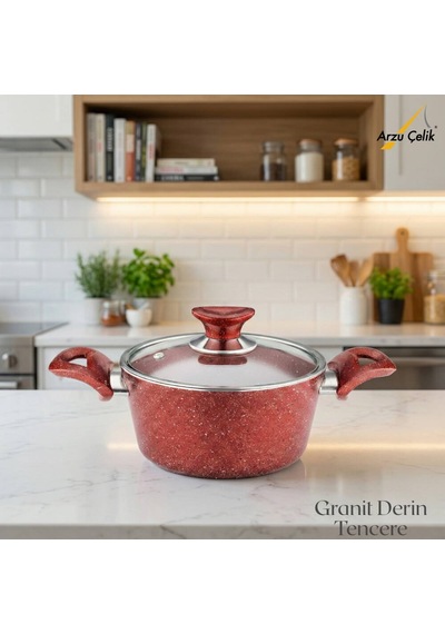 18 Cm Granit Derin Tencere Cam Kapak - Kırmızı Kırmızı