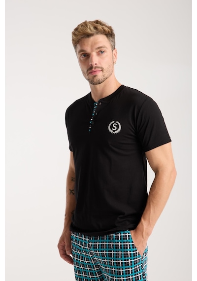 Akbeniz Erkek Düğmeli Yaka Siyah Kısa Kol Pijama Takımı