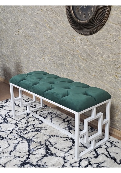 Zafir Beyaz Boyalı İçi Kareli Diktörtgen 100 Cm X 40 Cm Oturak Puf - Bench - Makyaj Oturağı - Oturak Yeşil