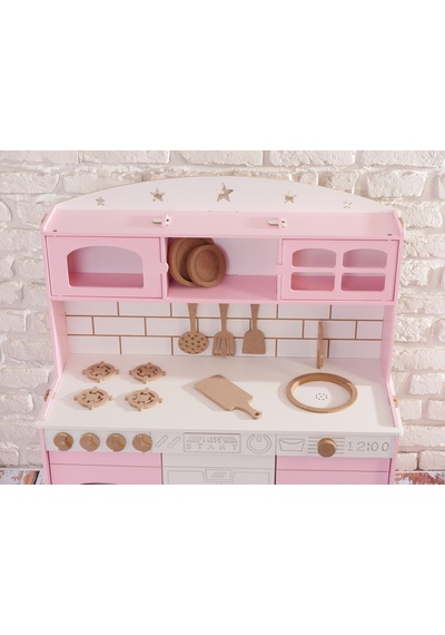 Boyalı Pembe Ahşap Oyuncak Bulaşık Makine Detaylı Mutfak Tabak Ve Spatula Seti Hediye
