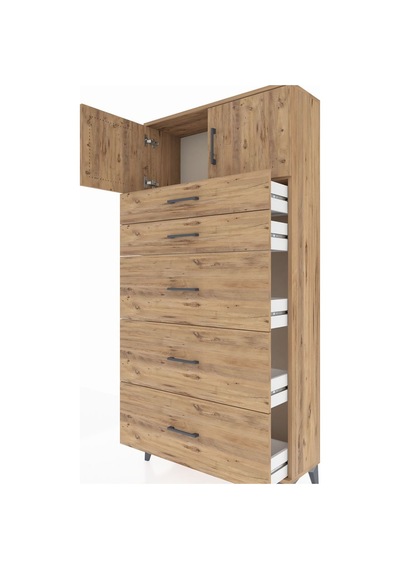Arges Dolap Tek Raflı 5 Çekmeceli 2 Kapaklı 88x30x182 Çam-çam Çam