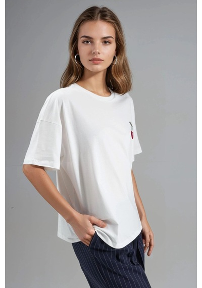 Hiccup Oversize Nakışlı Örme T-shirt Tozlu Beyaz