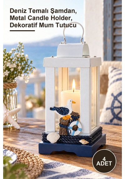 4 Adet Metal Marin Mumluk Deniz Temalı Şamdan, Metal Candle Holder, Dekoratif Mum Tutucu Diğer