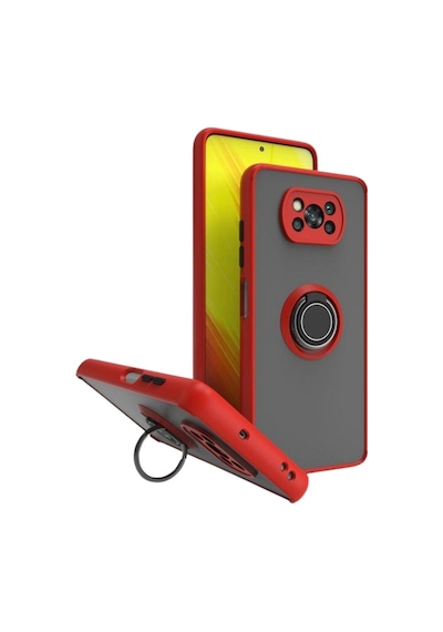 Poco X3 Pro Uyumlu Kılıf Yüzüklü Standlı Extra Darbe Koruma Sert Silikon Kapak - Kırmızı