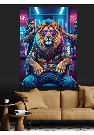Ahşap Tablo Neon Gözlüklü Aslan Portresi