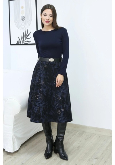 Lodmela Baskılı Ve Kemerli Kadife Etek 6069-siyah/indigo Siyah/indigo