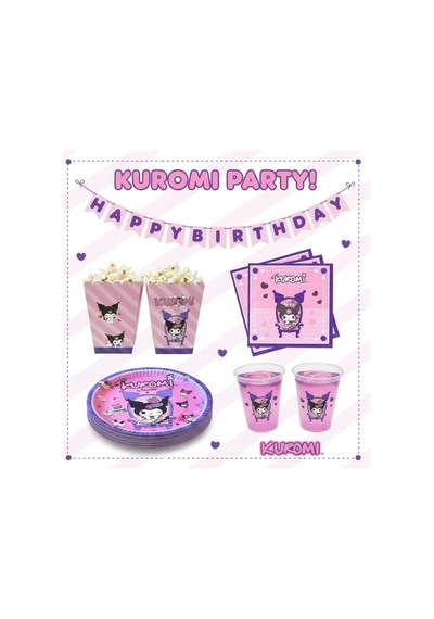 Kuromi Temalı Doğum Günü Parti Seti 8 Kişilik Tabak, Bardak, Balon, Flama, Popcorn Kutusu, Peçete