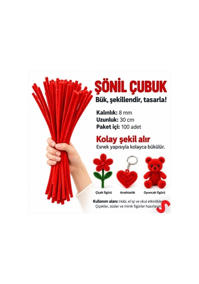 Şönil Çubuk 8 Mm Kalınlık 30 Cm Uzunluk, 100 Adet - Kırmızı