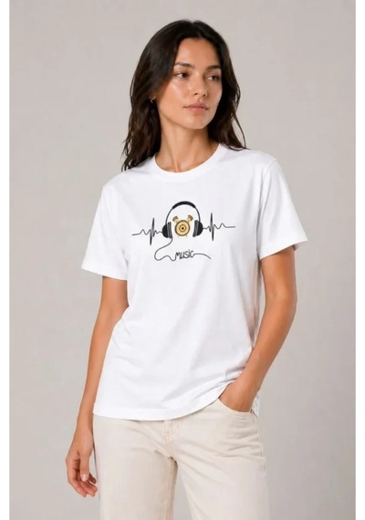 Butik İstanbul Müzik Temalı Baskılı Tişört Bisiklet Yaka Kısa Kol T-shirt - Beyaz