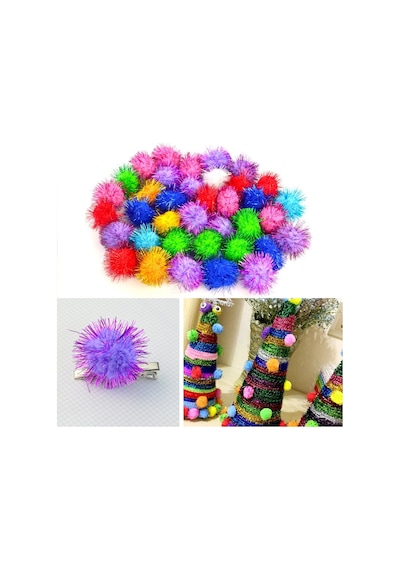 100 Adet. Simli Ponpon. 20 Mm. Renkli Peluş Ponpon. Minik Ponpon.