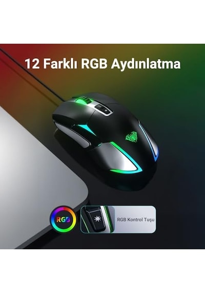 Aula F816 Rgb Efektli 12800dpı Kablolu Optik Gaming Oyuncu Mouse