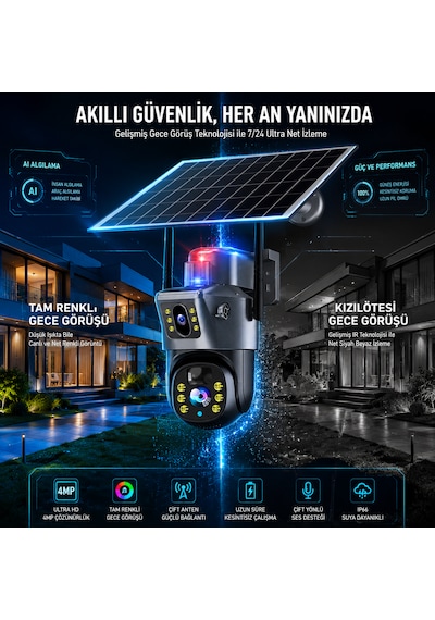 6mp Solar Wifi Çift Lensli Ptz Güvenlik Kamerası 360 Dönüş Hareket Algılama Gece Görüşü Uzaktan İzleme Ip66 Dış Mekan Kamera