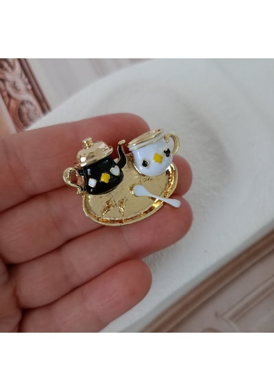 Lente Aksesuar Gold Detaylı Mini Çay Seti Broş-sevimli Çay Saati Yaka İğnesi Çok Renkli