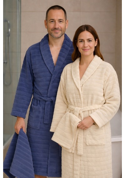 Cottowels Battal Boy 6 Parça %100 Pamuk Aile Bornoz Seti - Mavi - Krem Mavi - Krem