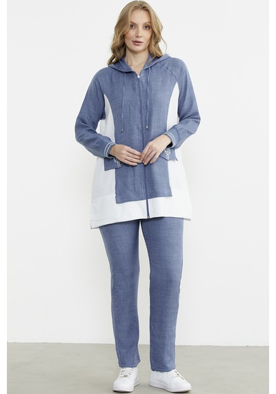 Sementa Keten Görünümlü Kapüşonlu Tunik Takım - Indigo Indigo