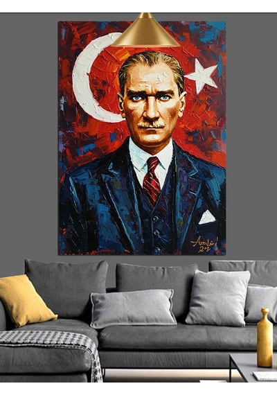 Türkiye Cumhuriyeti Bayrağı Önünde Atatürk Portresi Dekoratif Kanvas - Mdf Ahşap Tablo
