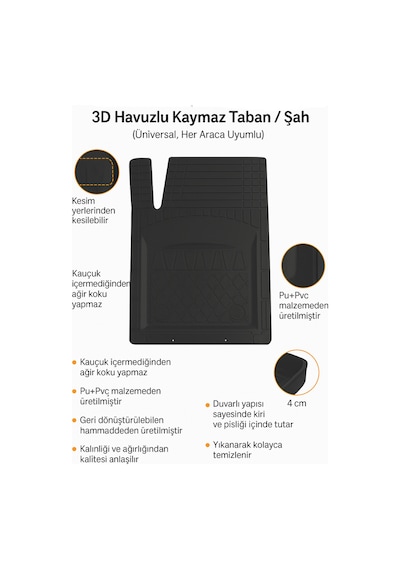 Universal Kesim 3d Havuzlu Oto Paspas Takımı 5 Parça Pu+pvc - Kokusuz Ve Yıkanabilir Siyah