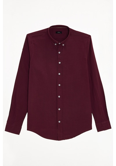 Tudors Erkek Slim Fit Dar Kesim %100 Pamuk Düğmeli Yaka Flam Keten Bordo Gömlek-50270
