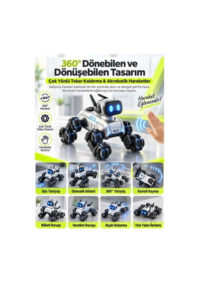 Exenar - Akıllı Aı Robot Köpek Kumandalı Ses Kontrollü Akrobatik Hareketli Işık Sesli Efektli Şarjlı Oyuncak Siyah