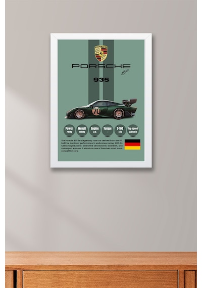 Porsche 935 Premium Yarış Arabası Çerçeveli Tablo - Teknik Özellikli Legend Series Duvar Dekoru Beyaz