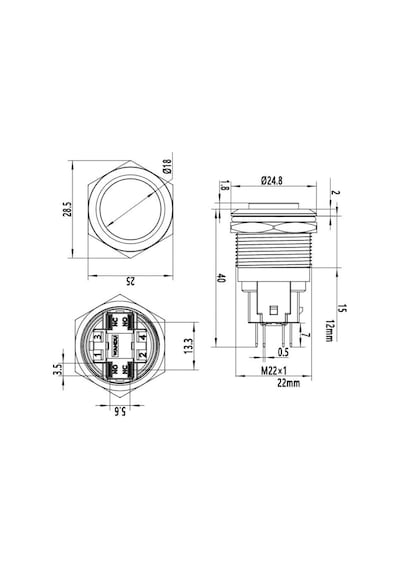 Motorobit 22E-G1Z 22Mm Çıkık Anahtarlı Metal Buton