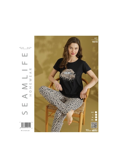 Seamlife Kadın Extra Yumuşak %100 Pamuk Milan Kısa Kollu Pijama Takımı Siyah