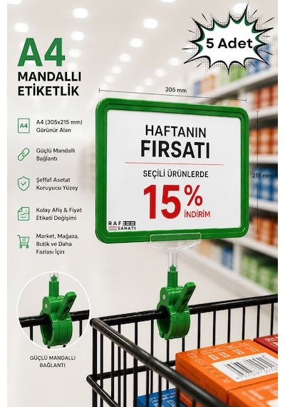 5 Adet - A4 Mandallı Fiyatlık Etiketlik Sepet Raf Askılık Fiyat Etiketi Çerçeveli Market Mağaza Yeşil