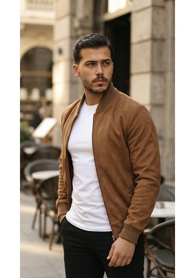 Efnaz Style Erkek Önden Fermuarlı Içi Astarlı Süet Ceket Kahverengi