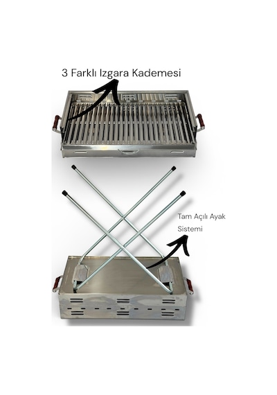 Paslanmaz Çelikten Katlanır Ayaklı Ve 3 Kademeli Mangal 70x40x70c Krom