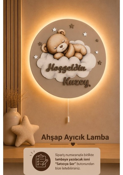 Ahşap Ayıcıklı Lamba İsme Özel Pilli Ledli Gece Lambası Bebek Çocuk Odası Kahverengi