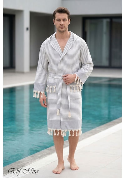 Kapşonlu Unisex Peştemal Plaj Deniz Banyo Bornozu Beachside Gri