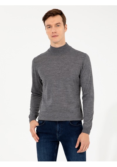 Cacharel Füme Slim Fit Yarım Balıkçı Basic Triko Kazak Gri