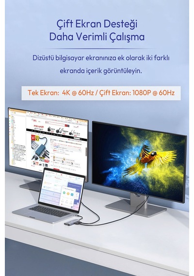 Type-c 7si 1 Arada Usb Hub Docking Station, 4k 60hz Hdmı, Gigabit Ethernet, Pd 100w Şarj, 3 Usb 3.0 Port, Çift Ekran Destekli Macbook Laptop Adaptörü N850