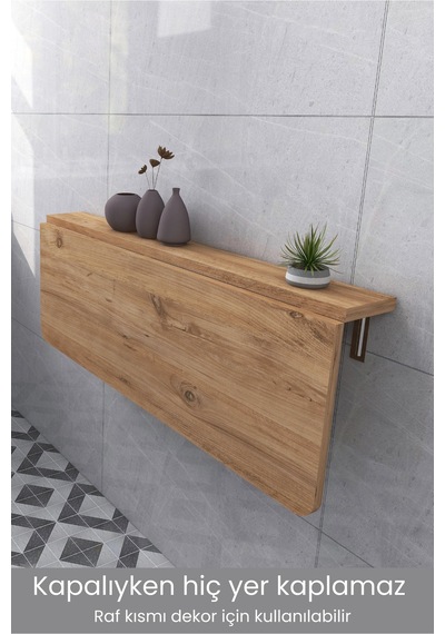 60x90 Cm Duvara Monte Sabit Raflı Kırma Katlanr Masa Çam Renk