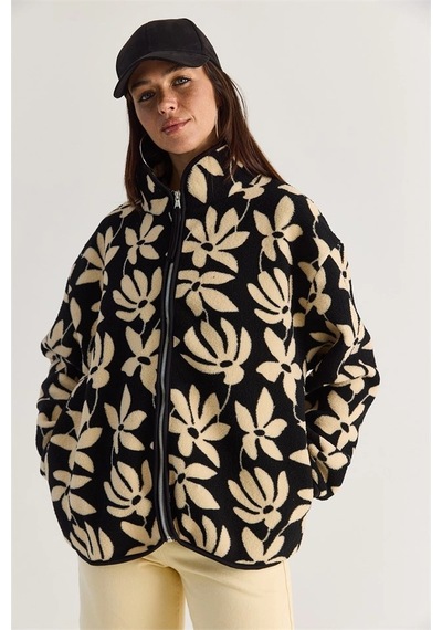 Mevese Desenli Dik Yaka Cepli Biyeli Kadın Polar Sweatshirt- Siyah-krem