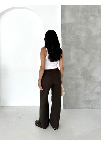 HLT Jeans Koyu Kahverengi Kadın Bel Lastik Detaylı İnce Dökümlü Baggy Keten Görünümlü Pantolon Emily-3023