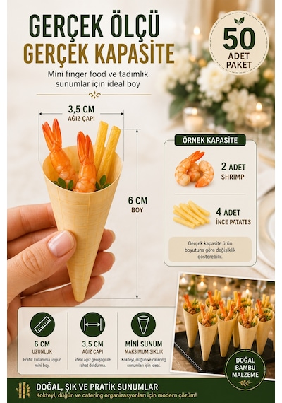 50'li Pkt Mini Bambu Sunum Korneti 6x3,5 Cm Doğal Sunum Külahı Kokteyl Catering Finger Food Sunumluk