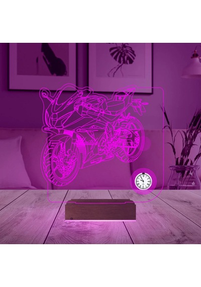 Luvivia Motorsiklet Motorcu Hediye Kişiye Özel Metal Saatli 3d Lamba - Masa Gece Lambası Şeffaf