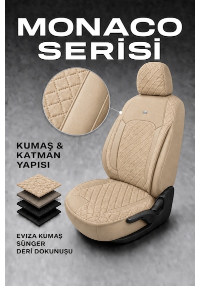 Vw Golf 7 Kasa 2013-2020 Uyumlu Monaco Serisi Eviza Deri Detaylı Bej Koltuk Kılıfı