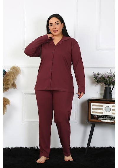 Akbeniz Kadın Büyük Beden Pamuklu Cepli Düğmeli Mürdüm Pijama Takım 202401-mürdüm Mürdüm