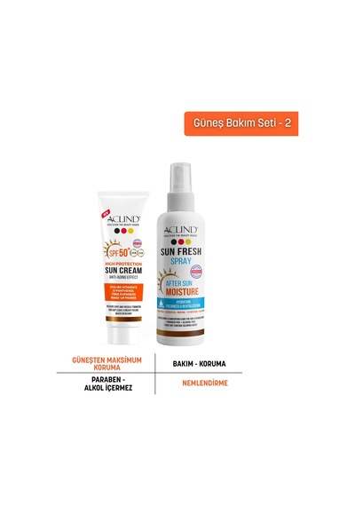 Aclind Leke Karşıtı Spf 50+ Güneş Kremi 50 Ml + Sun Fresh Güneş Sonrası Ferahlatıcı Sprey 100 Ml Set