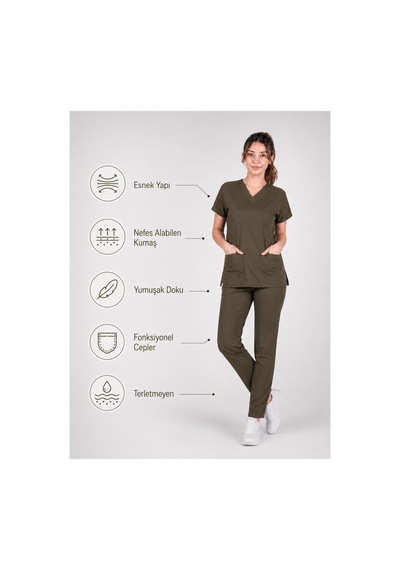 Üniforma Haki Hemşire Ve Doktor Forması Scrubs Takımı Likralı Alt Üst Üniforma Unisex Yarasa Kol