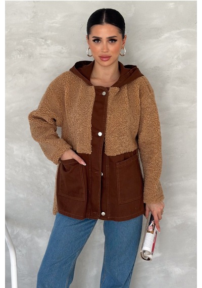 Femelle Kadın Kahverengi Çıtçıt Düğmeli Kapüşonlu Gabardin Peluş Ceket Koyu Kahverengi Femelle Kadın Kahverengi Çıtçıt Düğmeli Kapüşonlu Gabardin Peluş Ceket Koyu Kahverengi