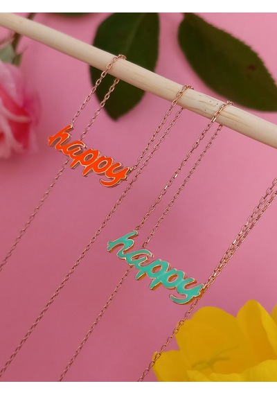 Keskin Gümüş Gümüş Mineli Happy Neon Yeşil Mutlu Trend Kadın Kolye