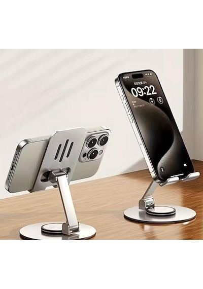 Dönebilen, Katlanabilir Ve Ayarlanabilir Masaüstü Telefon Tutucu Tamamen Metal Katlanabilir Tutucu Koyu Gri